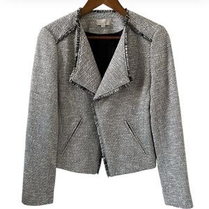LOFT Textured Tweed Open Front Blazer with Fringe Trim | Jacket Size 2 Petite